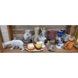 SHELF LOT OF ORNAMENTS AND FIGURES TO INLCUDE A RARE ROYAL COPENHAGEN BEAR