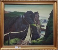 OIL ON CANVAS - CARRIK-A-REDE ROPE BRIDGE SIGNED PAUL 24" X 19.5"
