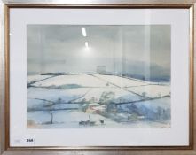 TOM CARR - WATERCOLOUR - SNOW LANDSCAPE WITH RED ROOF 20" X 15"
