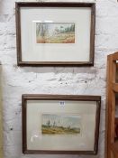 PAIR OF WATERCOLOURS BIRDS IN LANDSCAPES R.B.HIGGINS 8.5" X 4.5"