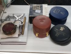 QTY OF HARDY FISHING ITEMS TO INC. BOOK, COASTERS, WADER CLAMPS, BRASS POCKET THERMOMETER, EMPTY