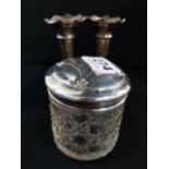 PAIR OF SILVER SPILL VASES AND SILVER TOPPED DRESSING TABLE JAR
