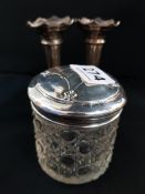 PAIR OF SILVER SPILL VASES AND SILVER TOPPED DRESSING TABLE JAR