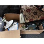 BOX OF ORNAMENTS AND SEWING STOOL
