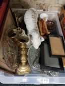 BOX LOT OF ORNAMENTS TO INCLUDE GLASSWARE, BRASS, PRINTS ETC