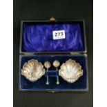 CASED SET OF SILVER SHELL CONDIMENTS AND MATCHING SPOONS