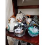 SHELF LOT OF PAPERWEIGHTS AND HUNTING TEASET