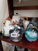 SHELF LOT OF PAPERWEIGHTS AND HUNTING TEASET