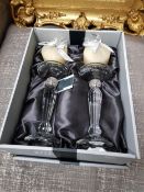 NEW GRANGE CRYSTAL CANDLESTICKS WITH CANDLES AND PAIR OF BOXED ROYAL DOULTON WINE GLASSES