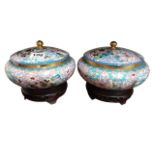 PAIR OF CLOISONNE BOWLS & LIDS ON ORIENTAL STANDS