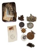 BOX OF MILITARY BADGES AND STAMPS