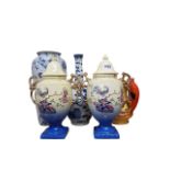 2 BLUE AND WHITE VASES, PAIR OF URNS AND LIDS AND ART DECO JUG