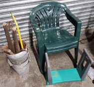 OLD TOOLS AND GALVANISED BUCKETS AND PLASTIC GARDEN CHAIRS