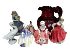 SHELF LOT OF ORNAMENTS TO INCLUDE 4 DOULTON FIGURES