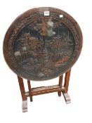 ORIENTAL CARVED CIRCULAR TILT TOP TABLE