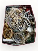 GOOD BOX OF COSTUME JEWELLERY TO INCLUDE VINTAGE SPECTACLES, POCKET WATCH ETC