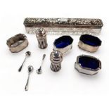 SILVER TOPPED AND GLASS BOX AND SILVER CONDIMENT SET