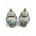 PAIR OF ORIENTAL TEMPLE JARS AND LIDS 33CM TALL