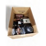 BOX OF CAMERAS AND EQUIPMENT TO INCLUDE LEITZ