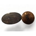 A Y.C.V (YOUNG CITIZEN VOLUNTEERS) BUTTON AND PLAQUE WHICH READS 'PRESENTED TO MRS WM. WRIGHT BY