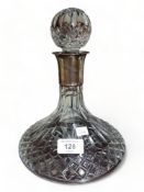 CUT GLASS DECANTER WITH SILVER COLLAR