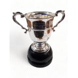 SILVER 2 HANDLED TROPHY AND STAND 1929 - 23CM X 12CM - SILVER WEIGHT 416G
