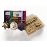 TRIO OF WORLD WAR 2 MEDALS AND CATERPILLAR BADGE NAMED F/ST FRASER ALSO HIS MEMBERSHIP CARD AND