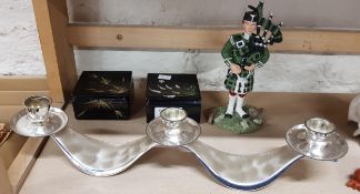 2 VINTAGE TRINKET BOXES, PIPER FIGURE AND CANDLEABRA