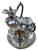 NICELY DECORATED SILVER PLATE COFFEE POT, TEA POT, JUG AND TRAY