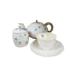 4TH PERIOD BELLEEK TEA POT, CUP & SAUCER & BARREL