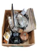 BOX LOT TO INCLUDE ENTREE DISHES, INK BOTTLES, RECORDS, PUB JUG ETC