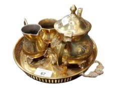 BRASS TEAPOT, BOWL AND CREAMER ON TRAY