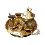 BRASS TEAPOT, BOWL AND CREAMER ON TRAY