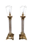 PAIR OF BRASS AND GLASS LAMPS