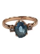 14 CARAT YELLOW GOLD, DIAMOND & BLUE TOPAZ RING SIZE I AND A HALF