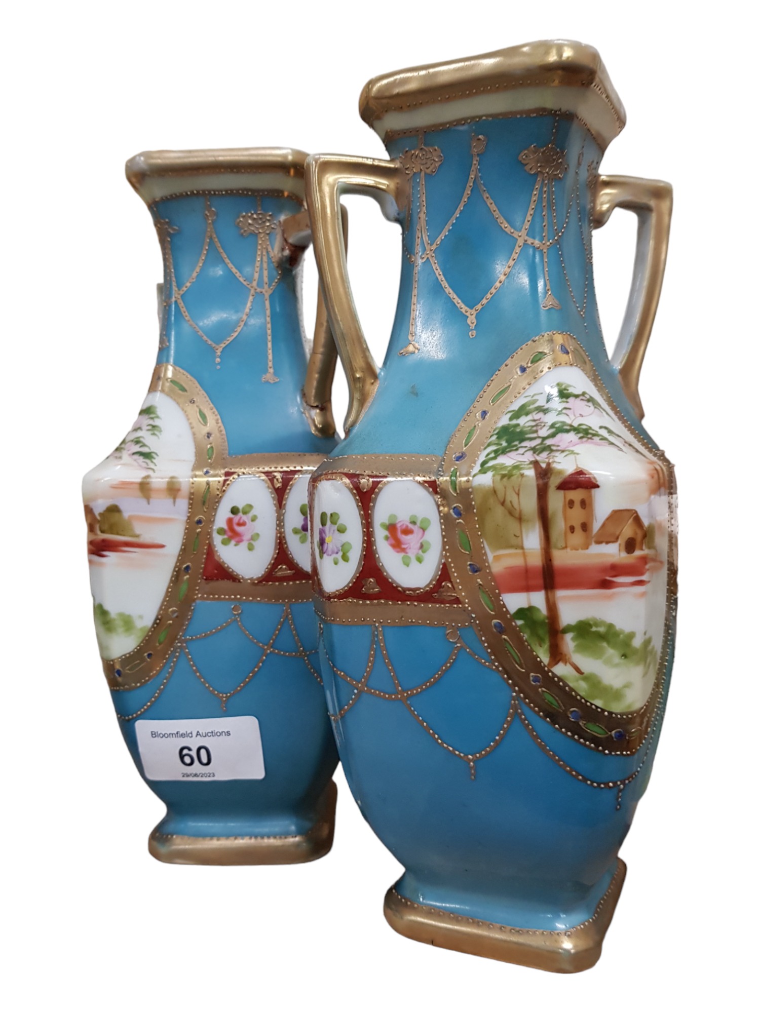 PAIR OF ANTIQUE HAND PAINTED NIPPON VASES 22cm TALL