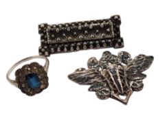 SILVER BUTTERFLY BROOCH, VICTORIAN SILVER BROOCH AND SILVER SAPPHIRE & PASTE RING