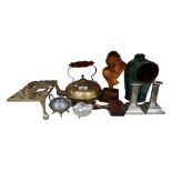 BRASS KETTLE WITH AMBER HANDLE,CORINTHIAN CANDLESTICKS, 2 X WOODEN FIGURES, LARGE GREEN & WHITE