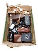 BOX OF VINTAGE CAMERAS AND ACCESSORIES - ZEISS, IKON, ENSIGN ETC