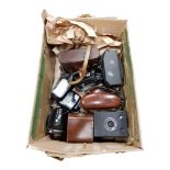 BOX OF VINTAGE CAMERAS AND ACCESSORIES - ZEISS, IKON, ENSIGN ETC