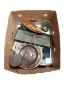 GOOD BOX LOT TO INCLUDE TRENCH ART, VINTAGE PICTURES, MONEY BOX ETC