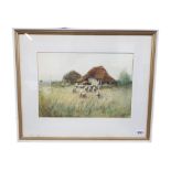 DOROTHY COX - WATERCOLOUR - SHEEP AND COTTAGE IN LANDSCAPE 37 X 26CMS