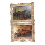 PAIR OF ANTIQUE OIL PAINTINGS SIGNED IN MONO - OILS ON BOARD - STABLES/HORSES 39 X 29CMS