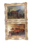 PAIR OF ANTIQUE OIL PAINTINGS SIGNED IN MONO - OILS ON BOARD - STABLES/HORSES 39 X 29CMS