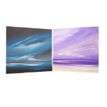 JONATHAN SHAW - PAIR OF UNFRAMED OILS ON BOARD - BLUE AND PURPLE SEA & SKY - 30 X 30CMS