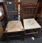 SMALL OAK CHAIR WITH RUSH SEAT & EDWARDIAN MAHOGANY SINGLE CHAIR WITH TAPESTRY SEAT