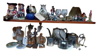 2 SHELF LOTS OF VARIOUS ITEMS TO INCLUDE SILVER, EPNS, BRASSWARE ETC