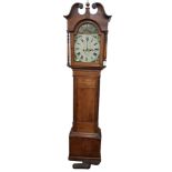 ANTIQUE LONG CASE CLOCK WITH PAINTED DIAL WITH WEIGHTS & PENDULUM