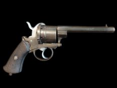 A 6-Shot .442” Pin Fire DA Revolver. A 5-3/4” octagonal sighted barrel, open frame, loading door,