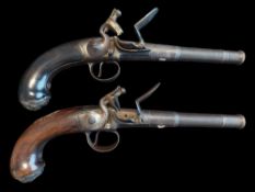 Harris of Dublin A Pair Of 22-Bore Cannon Barrelled Flintlock Box Lock Pistols by Harris. Queen Anne